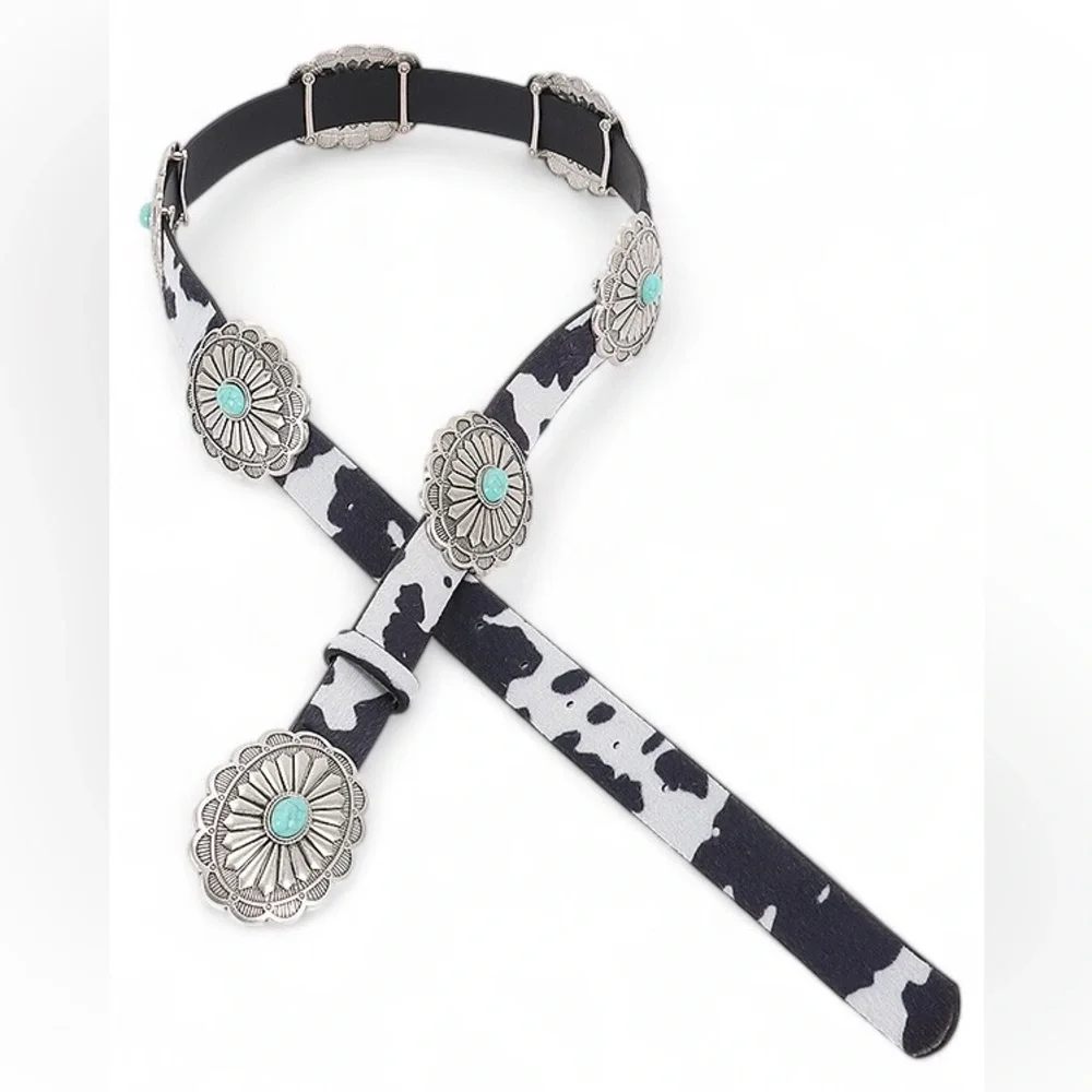 Vegan Leather Animal Print Western Concho Statement Belts with Turquoise Accents